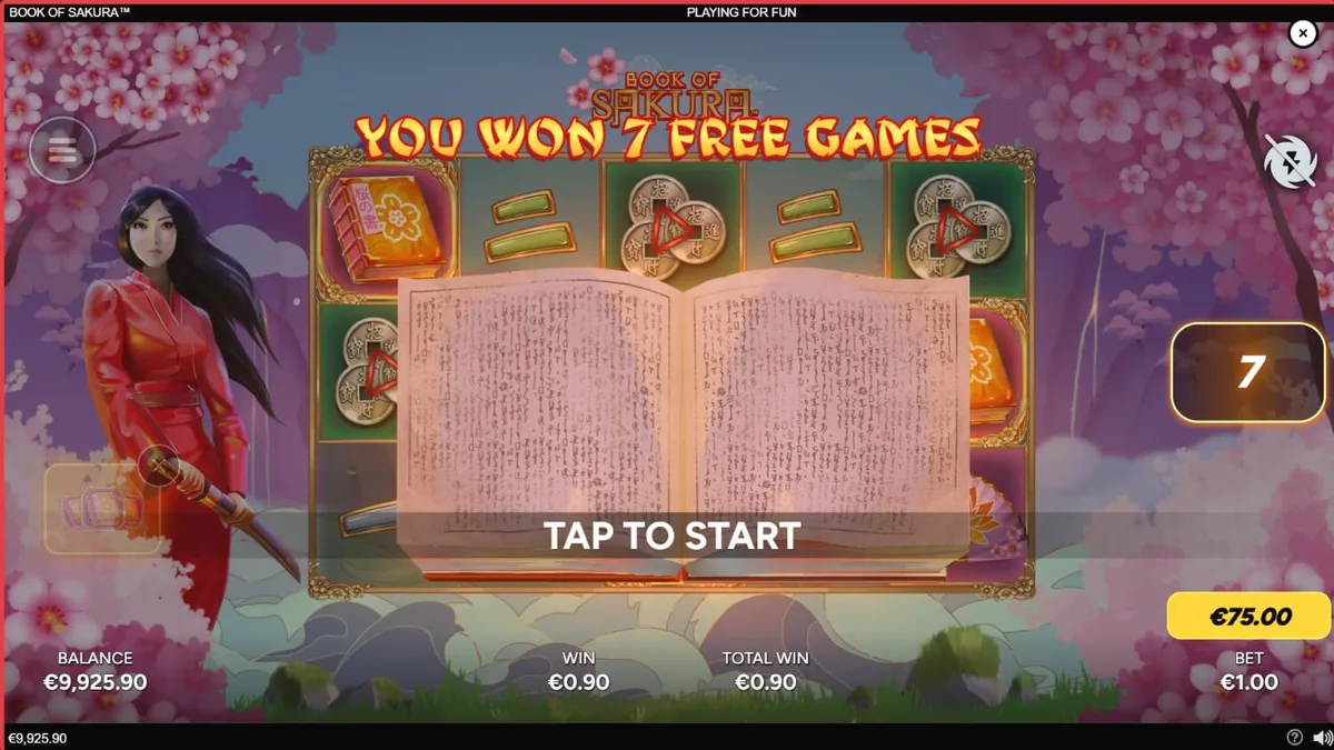 Interface do jogo Book of Sakura em um smartphone