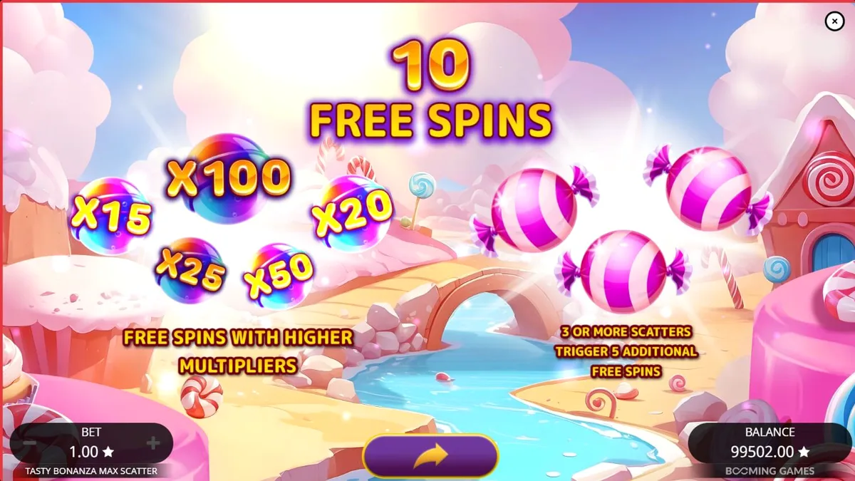 Interface vibrante e colorida do slot Tasty Bonanza Max Scatter com doces brilhantes