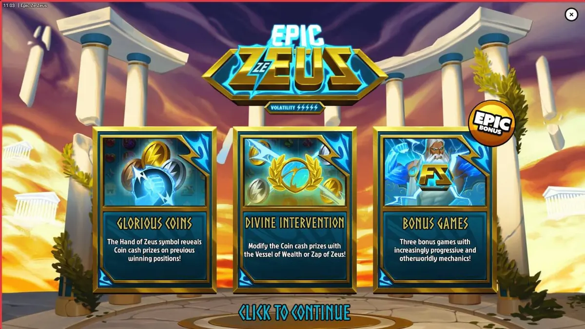Cena épica do slot Epic Ze Zeus com relâmpagos e símbolos da mitologia grega